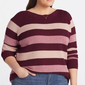 Market & Spruce Striped Maroon and Blush Crewneck Sweater
